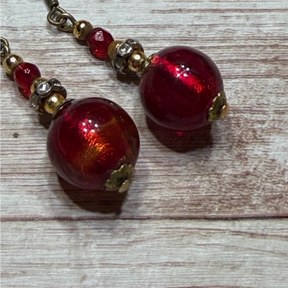 Vintage Murano Glass Sparkling Balls Earrings Ruby Red handmade - Picture 3 of 5